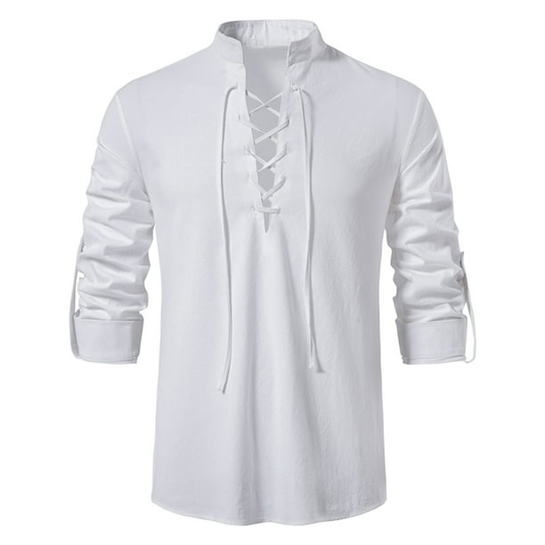 Camisa de lino y algodón para hombre de primavera y verano, camisa informal de manga larga con cuello levantado Pompotops oipoqjl47501