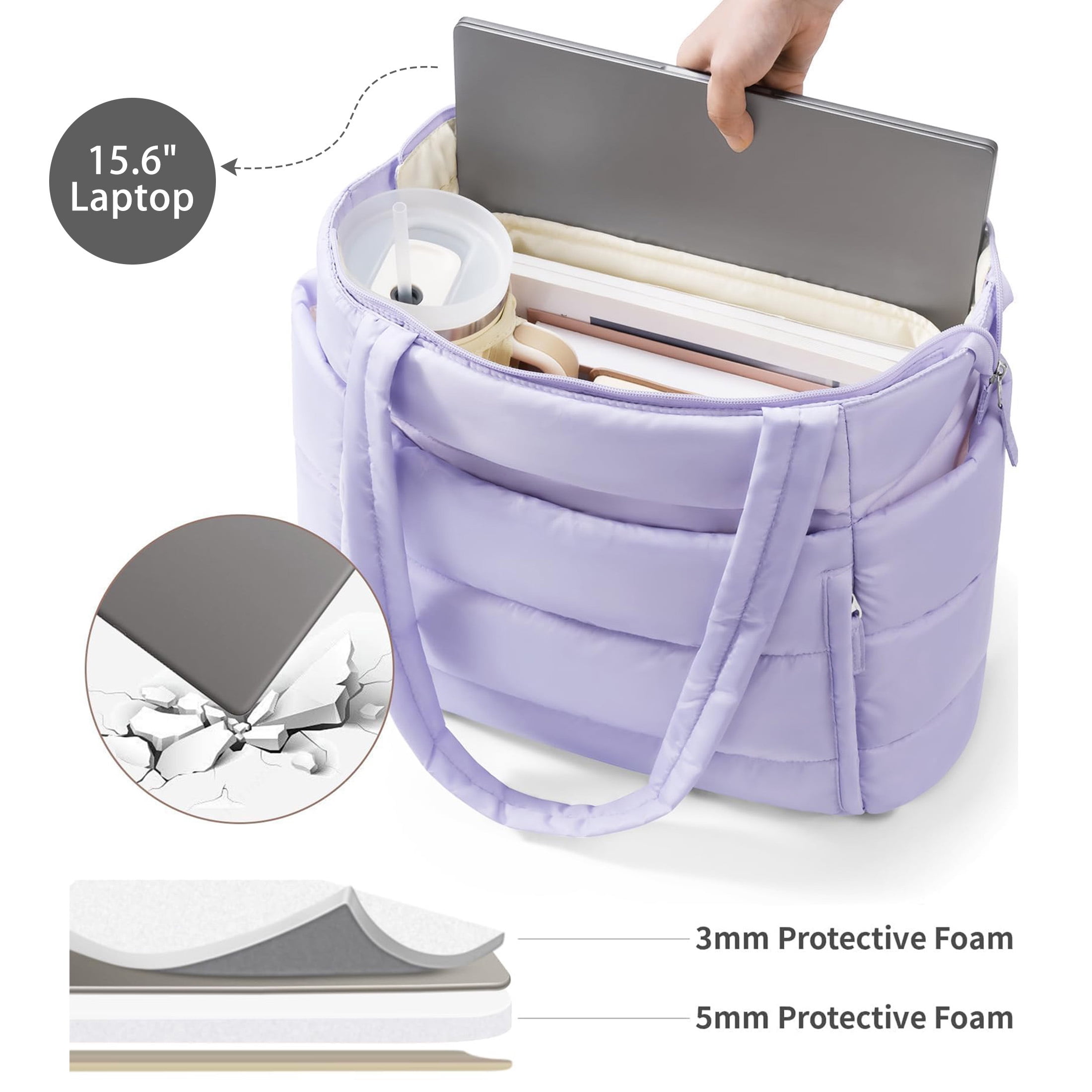 Puffer Tote Bag for Women, Large Capacity Lightweight Quilted Shoulder Bag, Waterproof Handbag for Work, Travel, Gym, Purple
