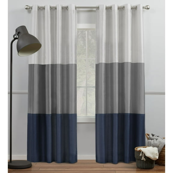 Exclusive Home Chateau Striped Faux Silk Grommet Top Curtain Panel Pair, 54"x96", Navy Grey