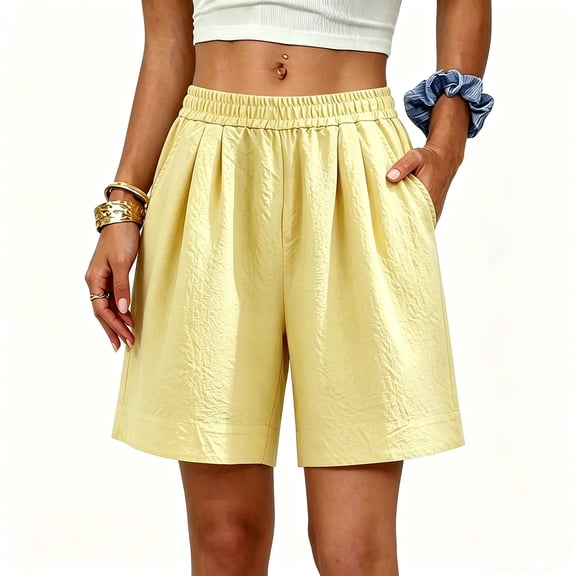 Cmfcve Plus Size Bermuda Shorts for Women High Waisted Knee Length Elastic Waist Summer Casual Wide Leg Shorts