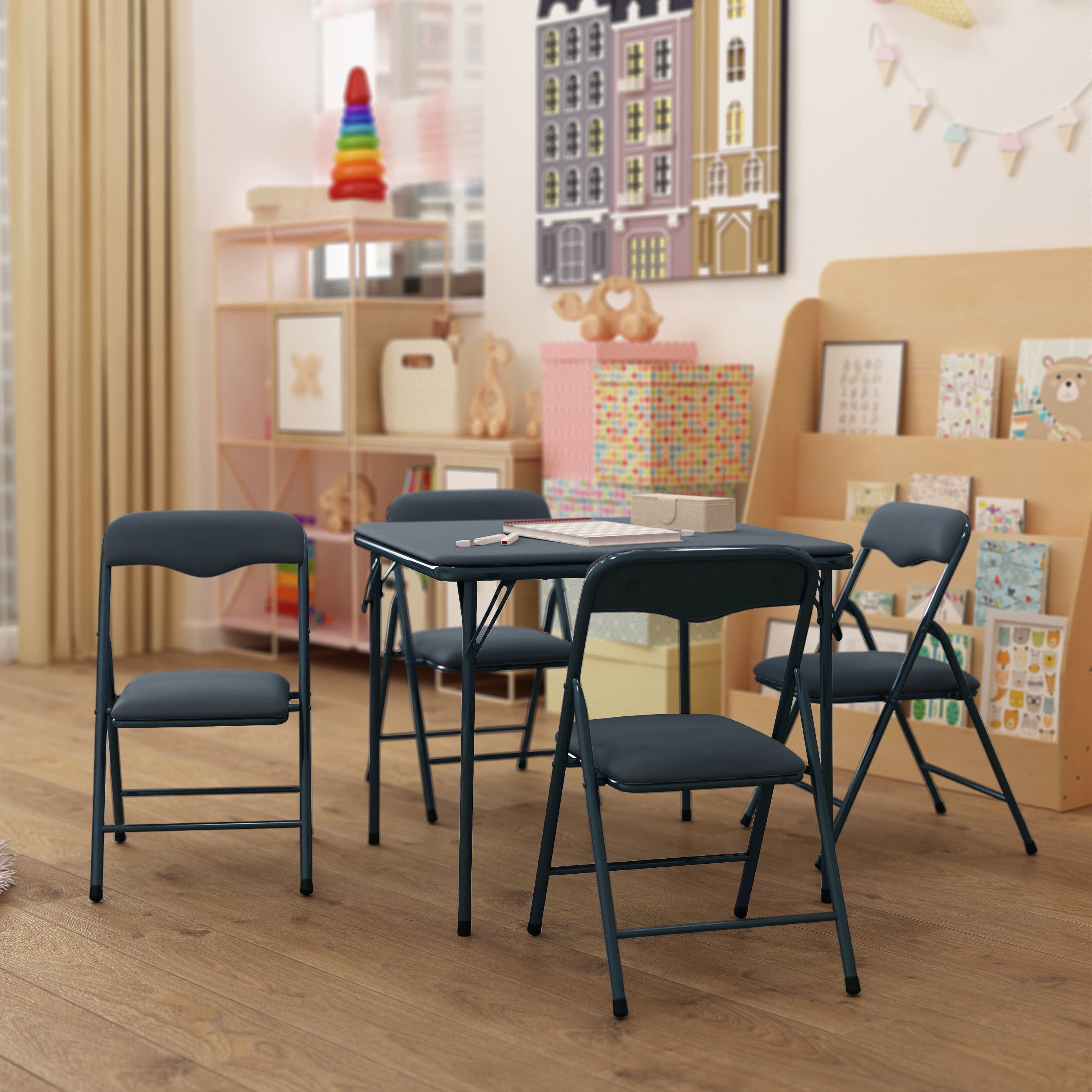 HBCY Creations 5 Piece Kid's Folding Table and Chairs Set Navy Design Lightweight & Portable