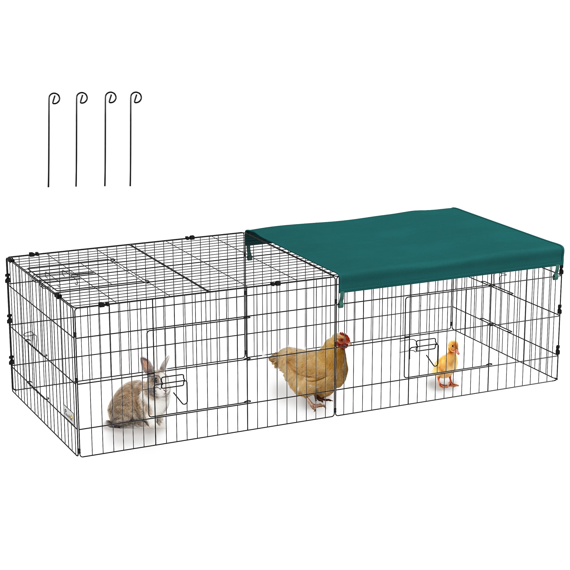 PawHut 73" Small Animal Playpen, Pet Playpen Yard Fence for Rabbits, Chicken, Chinchillas with Roof for Indoor Outdoor, Green