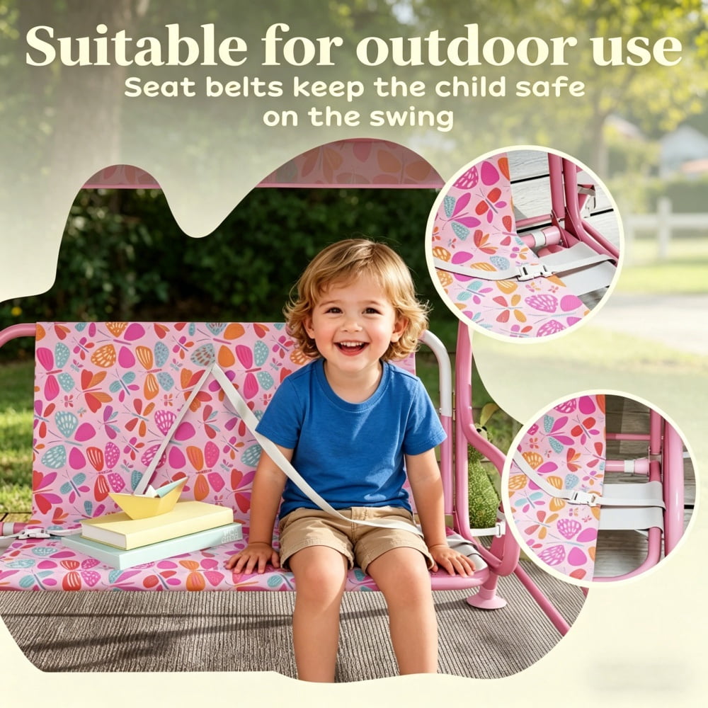 Pink Kids Swing Chair with Adjustable Canopy & Safety Seat Belts, Metal Frame, Non-Skid Feet, Butterfly Pattern for 3-6 Years Old (Poolside/Patio/Backyard)