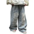 thumbnail image 2 of MKOSPLRT 2-14 Years Ripped Jeans for Girl Elastic Waist Distressed Jeans Baggy Straight Wide Leg Jeans Retro Jeans with Pocket Gifts for Kid, 2 of 6