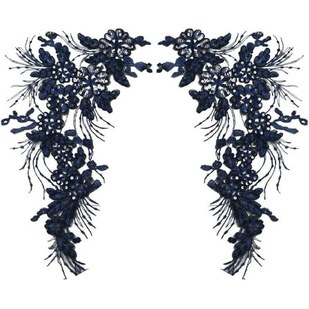 2Pcs Blue Sequin Floral Lace Applique 15.7 x 9.1 Inch Glitter 3D Floral Beaded Embroidery Sew on Patch Collar Fabric for Wedding Costume Dress Sewing DIY Clothing Accessories