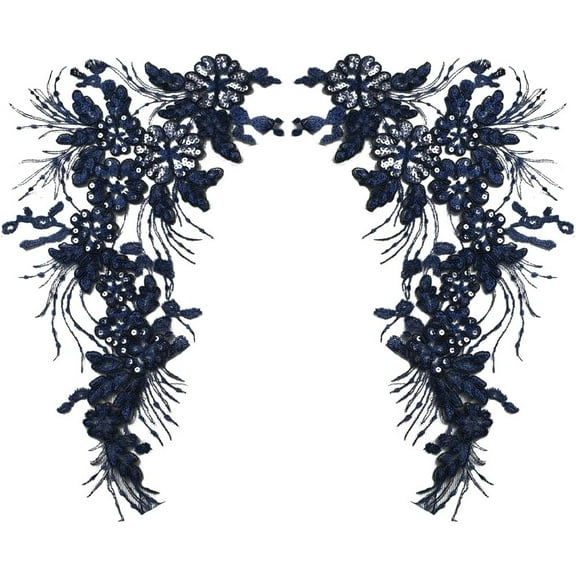 2Pcs Blue Sequin Floral Lace Applique 15.7 x 9.1 Inch Glitter 3D Floral Beaded Embroidery Sew on Patch Collar Fabric for Wedding Costume Dress Sewing DIY Clothing Accessories