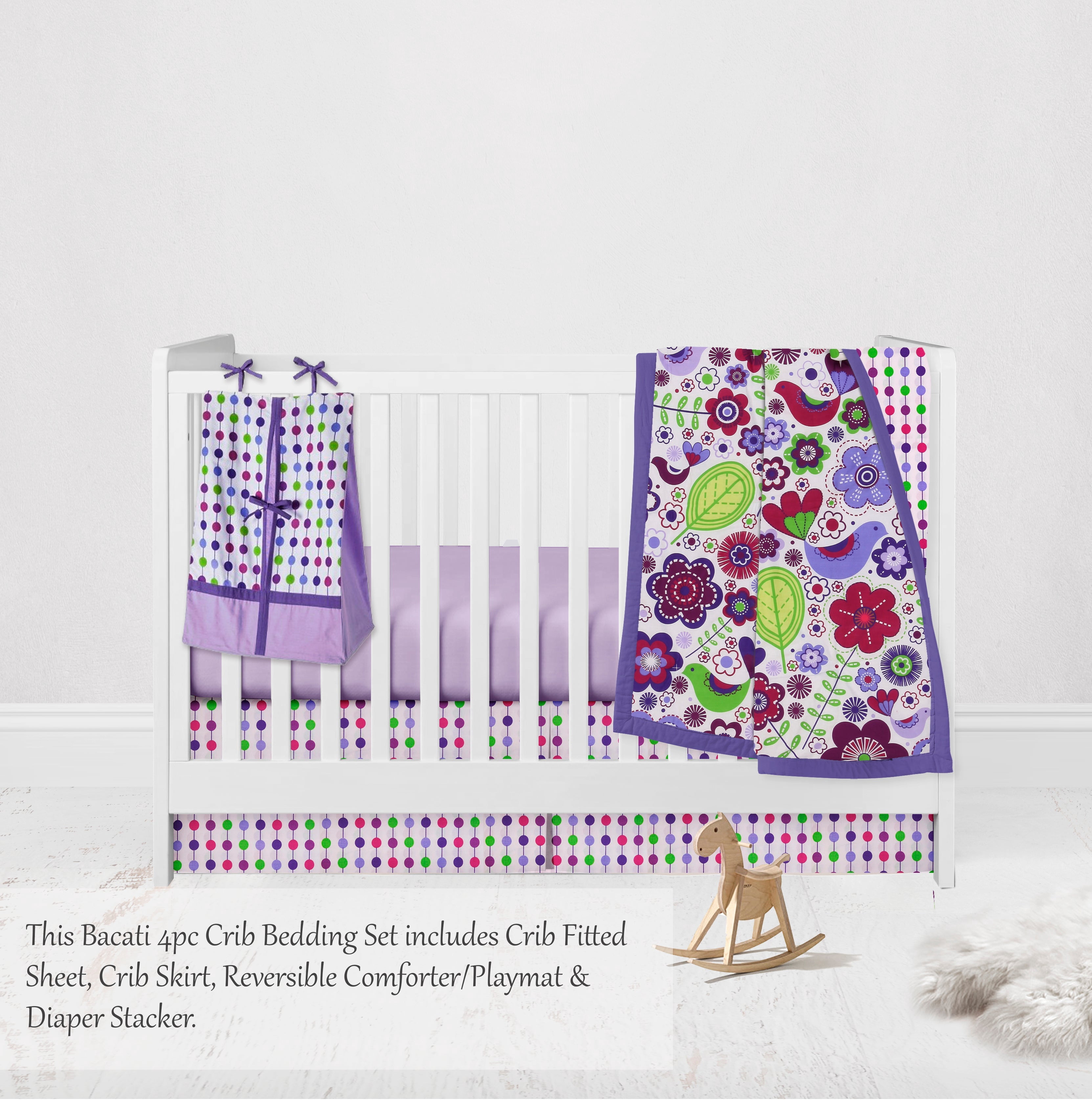Bacati - Botanical Floral Birds 4-Piece Crib Bedding Set with Diaper Stacker - Purple/Multi Girls