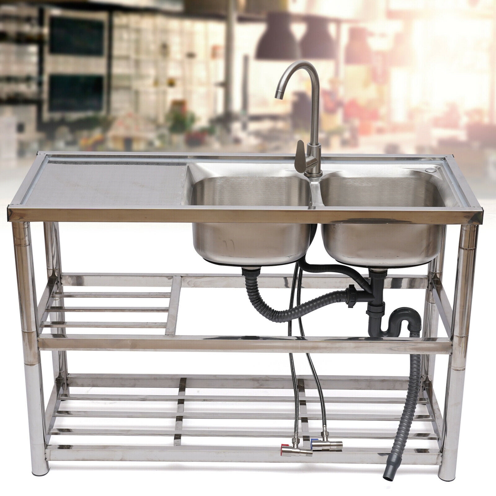Fichiouy Free-standing Kitchen Sink Stainless Sink 2 Bowls with Drainer Unit&Faucet Commercial Silver