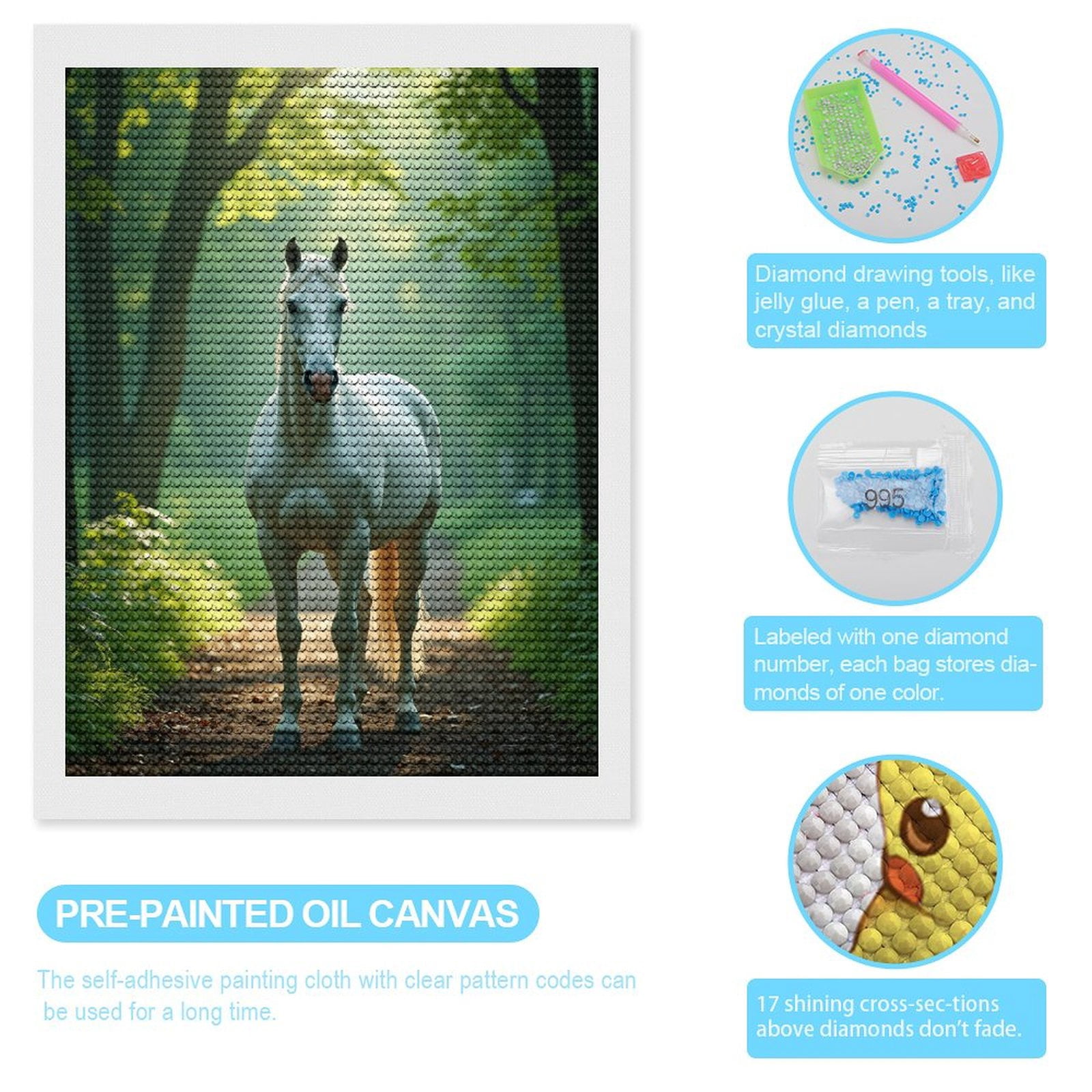 Diamond Art Kits for Adults, Majestic White Horse In Forest 5D Diamond Painting Kits for Adults Beginners, DIY Full Drill Diamond Painting, Gem Art and Crafts 12x16