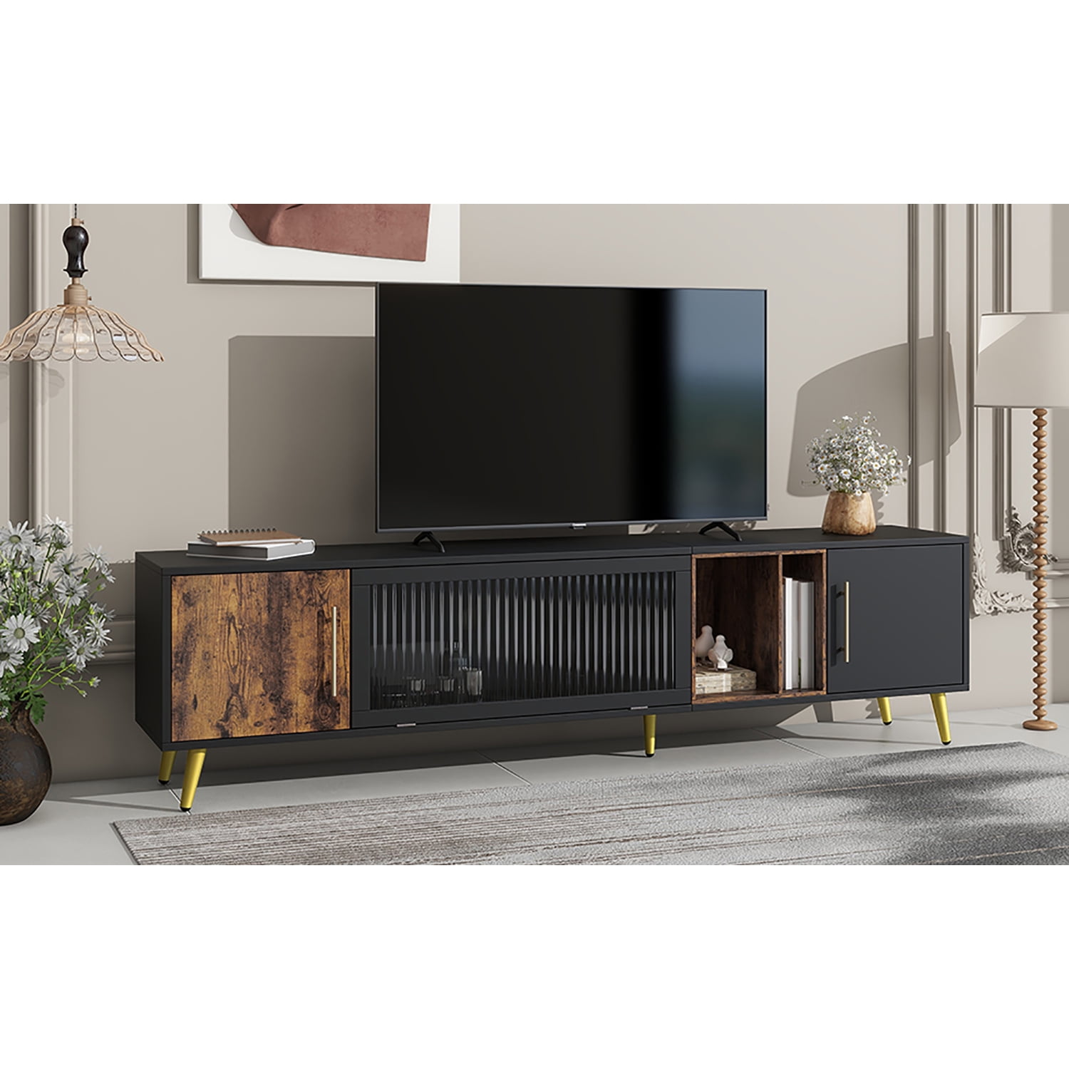 Kadyn Glass Door TV Stand Console, TV Entertainment Center with Golden Metal Handles&Legs for TVs Up to 80", Black Kadyn Glass Door TV Stand Console, TV Entertainment Center with Golden Metal Handles&Legs for TVs Up to 80", Black