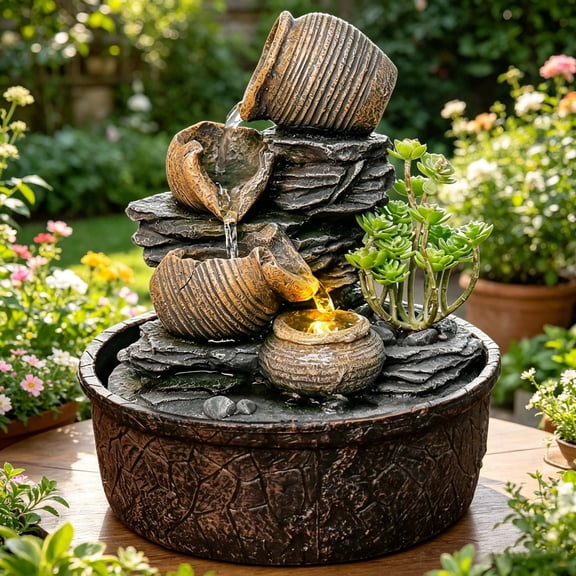 Jinhuoba Outdoor Waterfall Tabletop Fountain with LED Lights,Zen water,Home/Office Decor