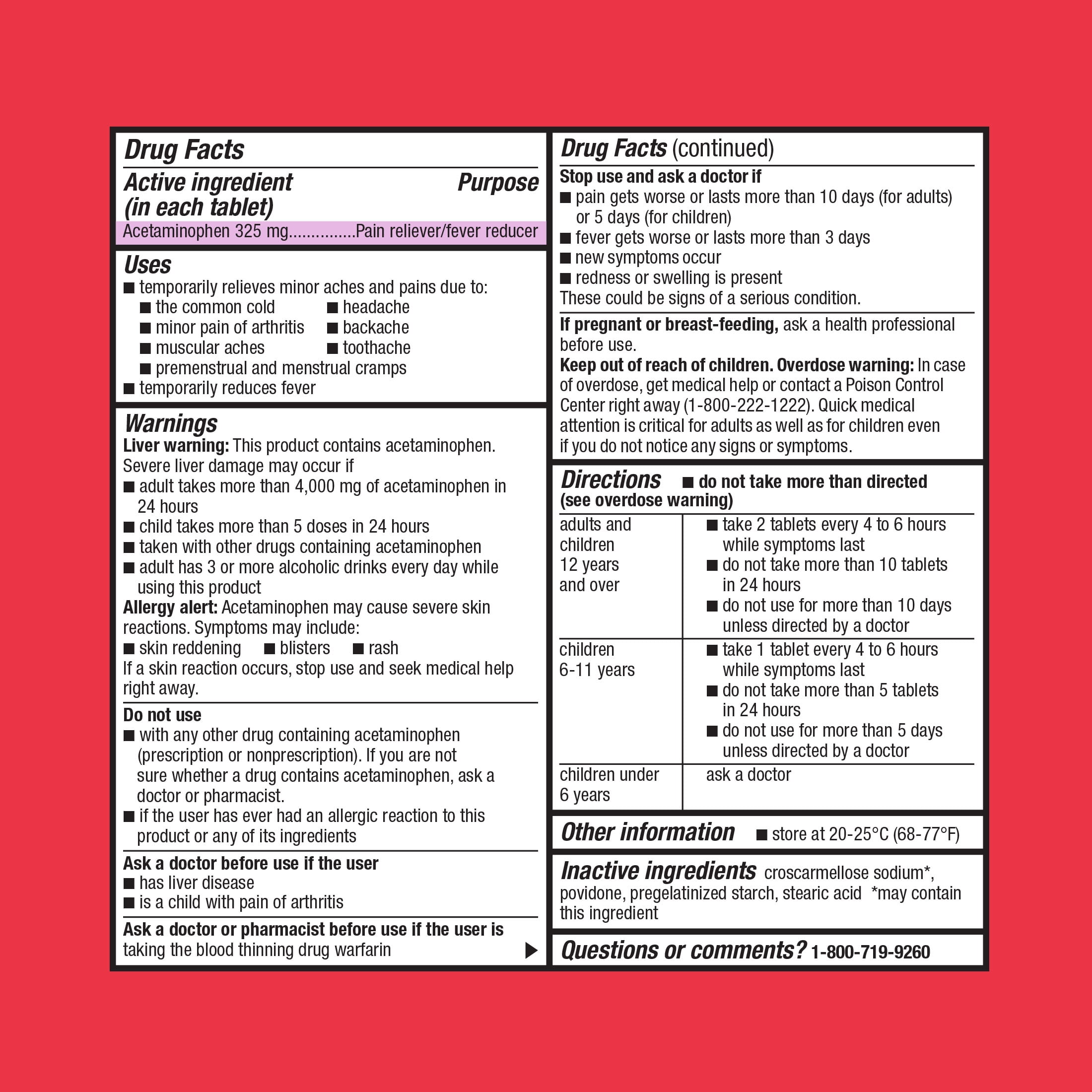 Equate Pain Relief, Acetaminophen Tablets, 325 mg, Regular Strength, 100Ct