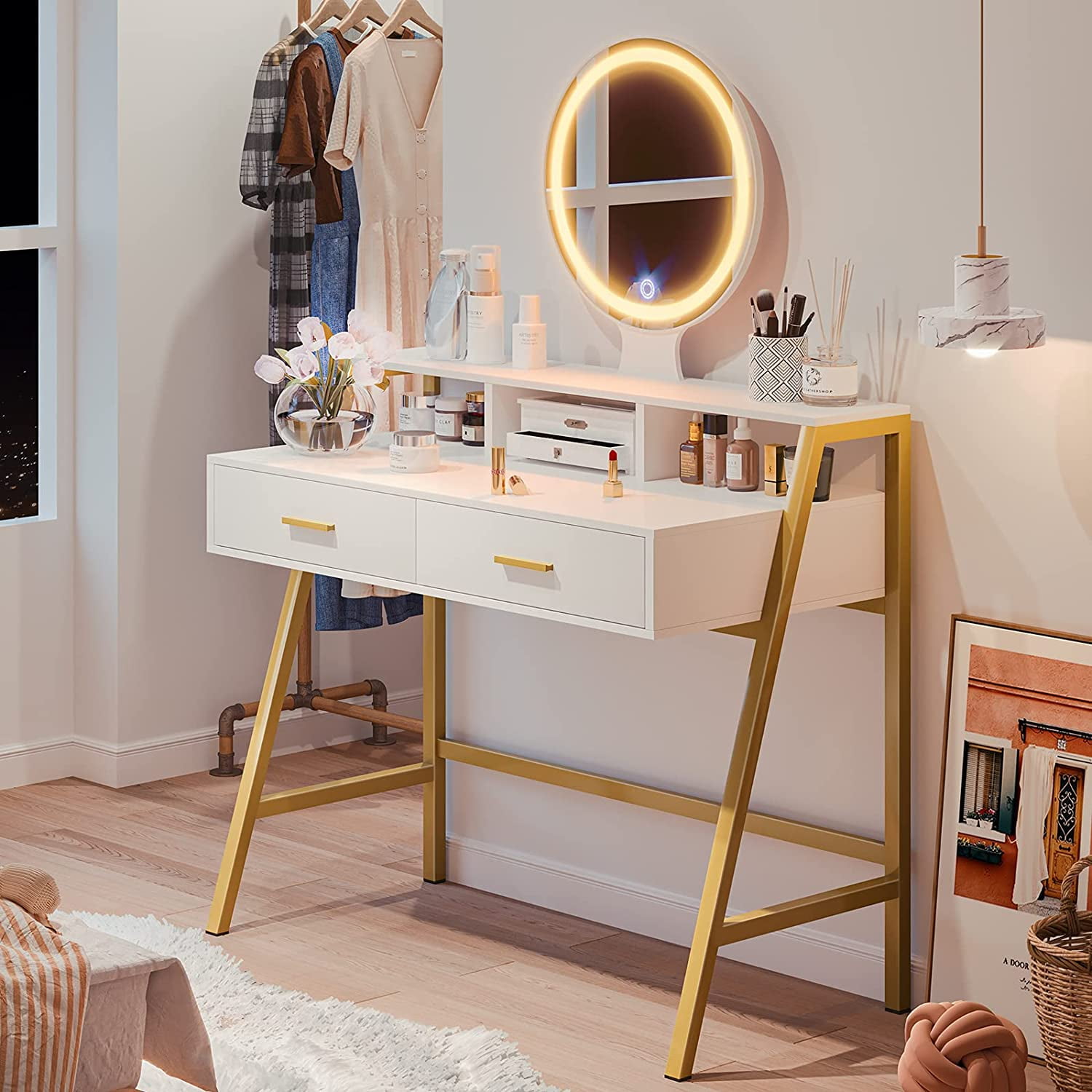 slim fit dress slacks Jolie Gold Hollywood Mirror 80  60 cm | Gold Dressing Table Mirror with  Lights