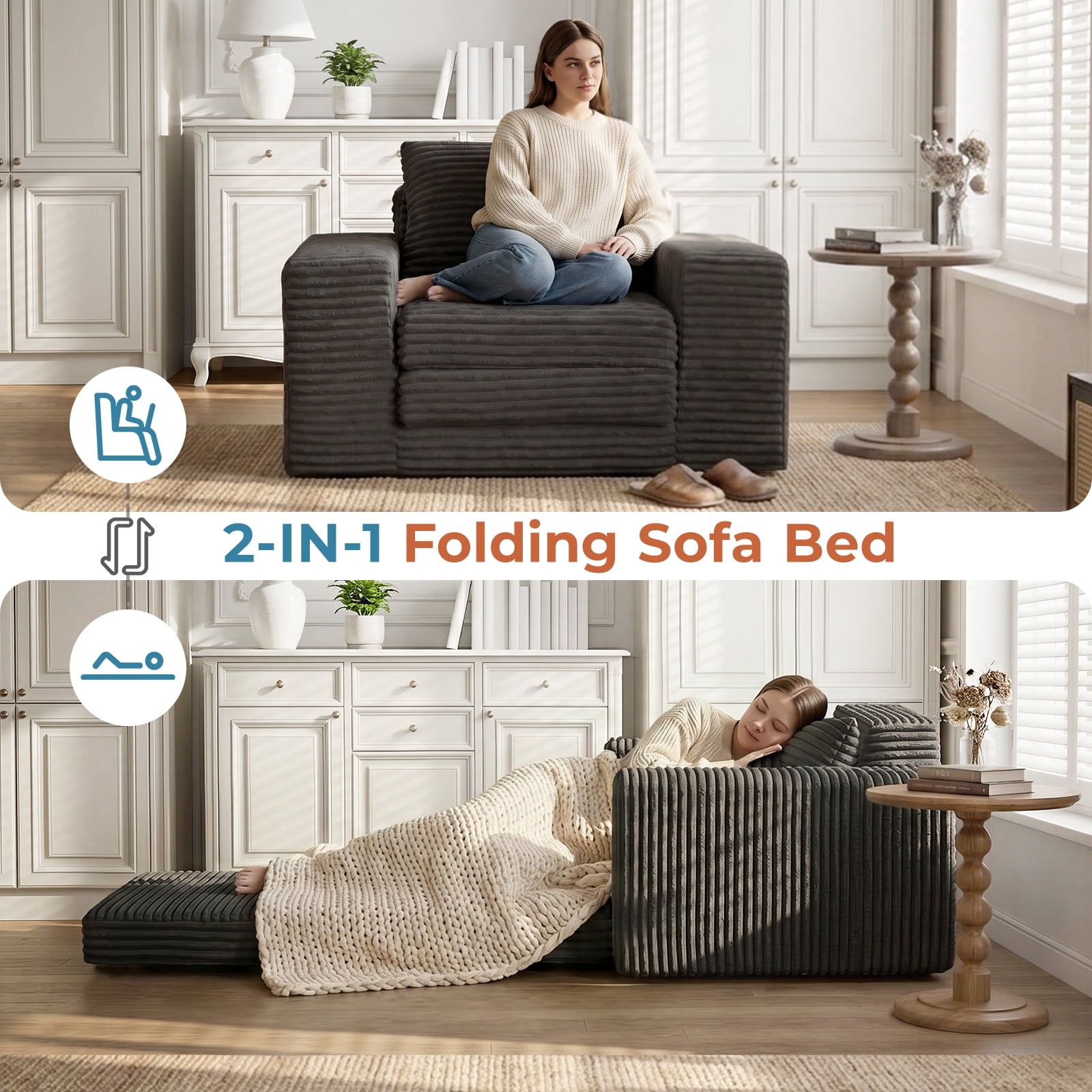 Single Pull Out Folding Sofa Bed with Memory Foam, Corduroy Convertible Sleeper Couch with Pillow, 75.6" Sleeping Surface Space Saving Sofa for Apartment Dorm Guest Room