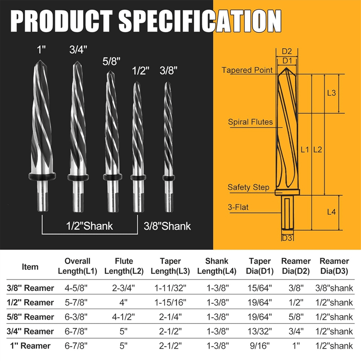 HSS Bridge Construction Reamer Set,3/8in 1/2in 5/8in 3/4in 1in Taper Bridge Reamer Drill Bit for Steel Metal Wood1 set x reamer tool
