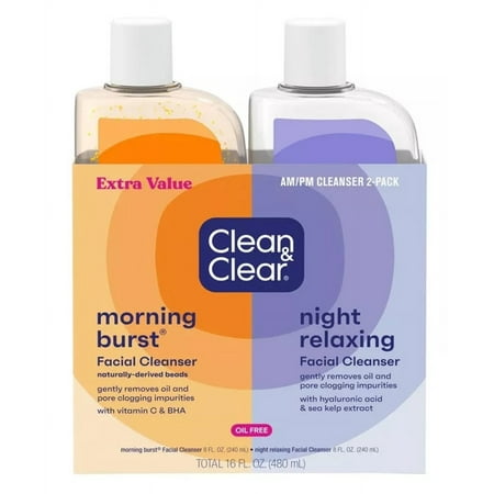 Clean & Clear Facial Cleanser Combo Morning 8 Ounce & Night 8 Ounce (480ml) (Pack of 2)