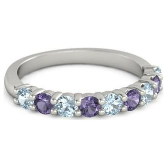 925 Sterling Silver Round 2.50 MM Aquamarine Iolite Half Eternity Women Stackable Ring Size US- 4