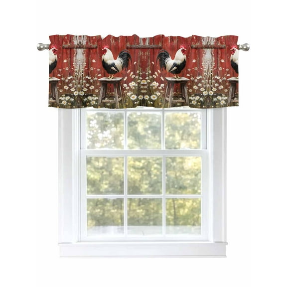 Rustic Farmhouse Valances for Windows Rustic Red Barn Rooster Wildflowers Kitchen Valance Curtain Rod Pocket Small Curtains for Cafe Bathroom Laundry Basement 42" x 12"
