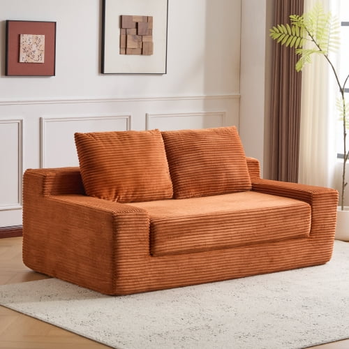 Loveseat Sofa, Comfortable Deep Seat Sofa Bed, Modern Small Corduroy Couch for Living Room Bedroom, Reversible Cushion with Pillows, No Assembly Required, Orange