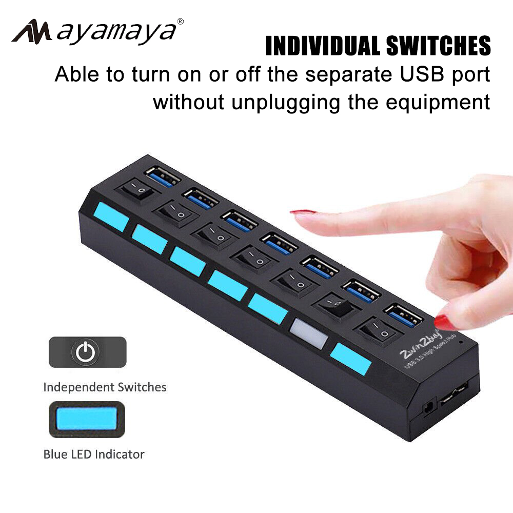 AYAMAYA 7-Port USB 3.0 High Speed Extension Charger Adapter with On/Off Switch & LED Light for PC/Laptop/PS4/Slim/Pro Hub