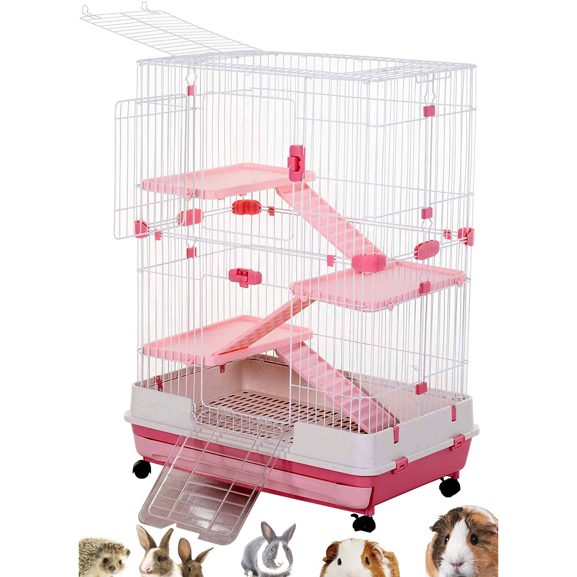 Pink X-Large 43”L 4-Level Indoor Small Animal Rabbit Guinea Pig Bunny Hedgehog Cage With Wheels