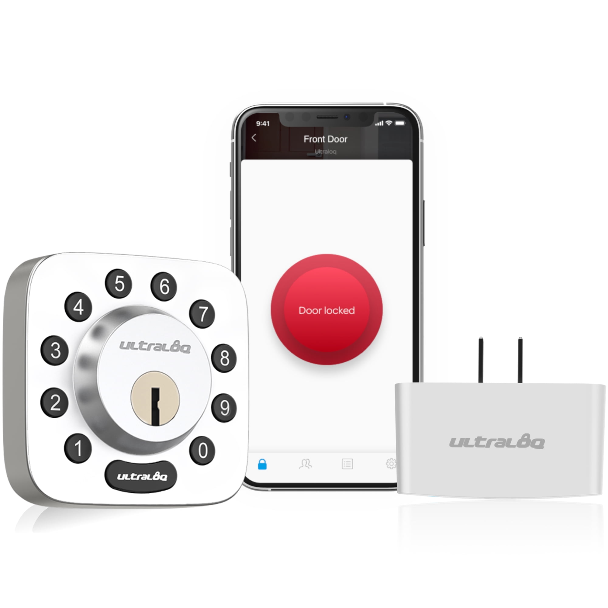 Ultraloq U-Bolt Smart Lock (Satin Nickel) + Bridge WiFi Adaptor, 5-in-1  Keyless Entry Door Lock with WiFi, Bluetooth and Keypad, Smart Door Lock  Front 