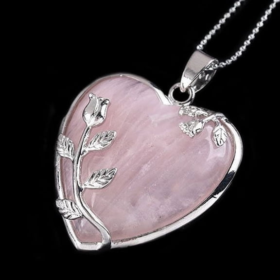 AYYUFE Women's Rose Quartz Alloy Flower Necklace Pendant Heart Inlaid Charm
