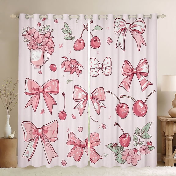Manfei Cartoon Ribbon Bow Tie Black Out Curtains for Kids Girls,Cute Flowers Cherry Curtains Pack of 2 (42x63 Each) for Teens Women,Lightweight Room Decor