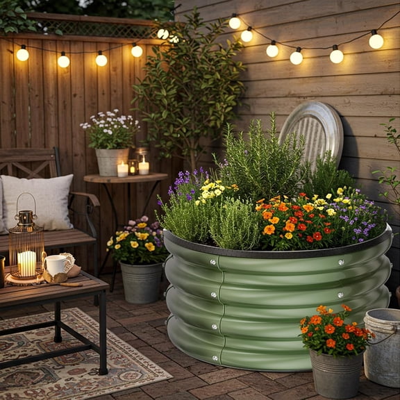 Round Galvanized Raised Garden Bed Kit - Green Outdoor Planter Box for Vegetables, 2x2x1ft