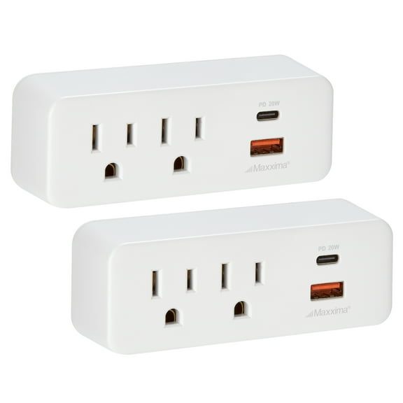 Maxxima 2 Outlet Grounded Wall Plug Adapter, USB Type-C / A Charging Ports 3.1A, Outlet Extender Wall Tap (2 Pack)