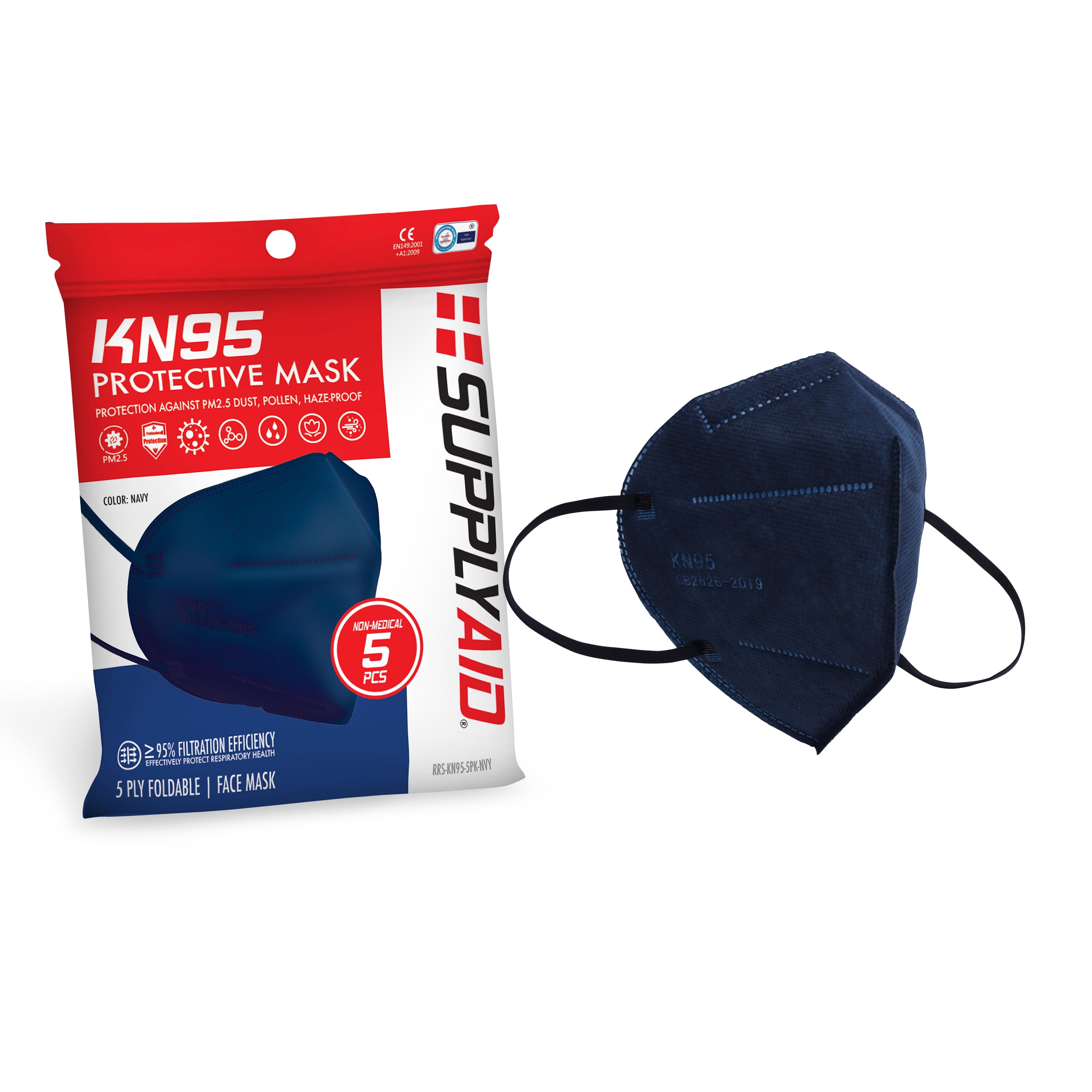 SupplyAID 5Pack KN95 Protective Face Mask, Navy, GB2626 Standard