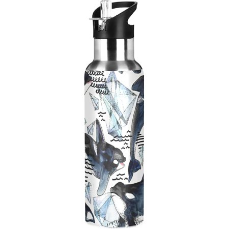Sports Water Bottles Watercolor Ocean Sea Killer Whale Vacuum Insulated Stainless Steel Water Bottle with Straw Lid for Travel Fitness Outdoor Sports Gym 20 oz