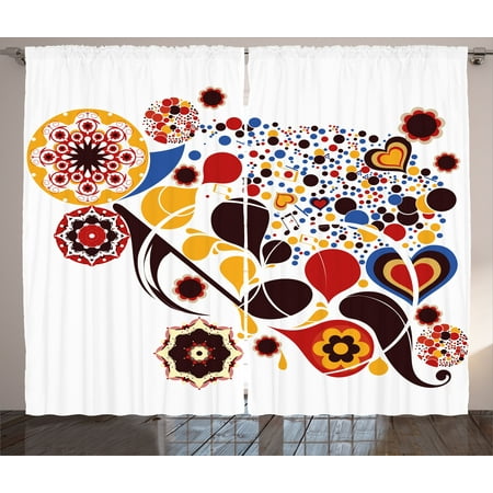 Music Note Design - Abstract Curtains 2 Panels Set, Colorful Graphic Design of Floral Motifs Hearts Music Notes Dots Ornamental Art, Window Drapes for Living Room Bedroom, 108W X 90L Inches, Multicolor, by Ambesonne