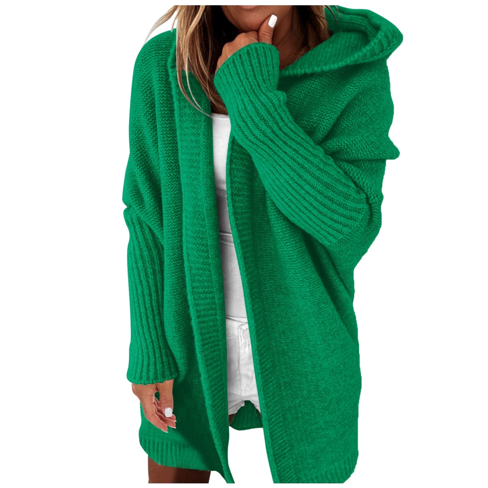 asddcavvf Cardigan for Women Women Solid Color Hooded Patchwork Batwing Sleeve Open Sweater Knitted