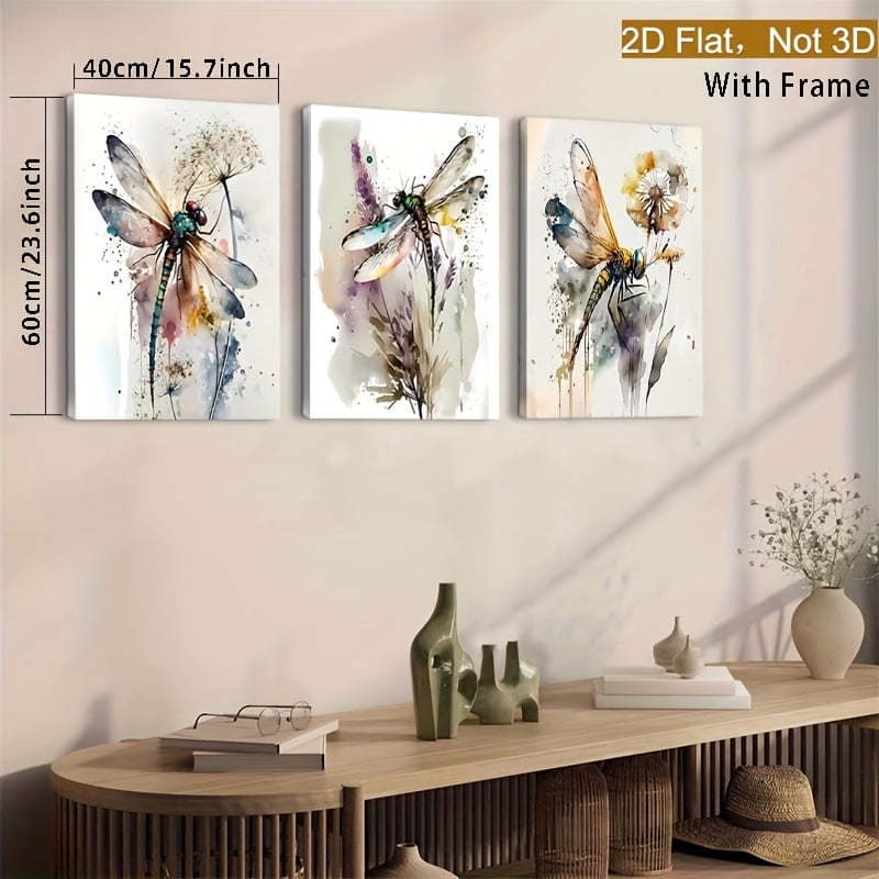 Framed 2D Flat Wall Art Featuring Three Colorful Dragonflies, Insect Prints, Watercolor Dragonfly Paintings, And Floral Images, Perfect for Decorating Bathroom And Living Room Walls