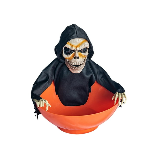 Bol de Bonbons d'Halloween Animé en Forme de Crâne avec Main de Squelette Mobile - Bol en Plastique Activé par le Mouvement avec Yeux à DEL Rouges et Effets Sonores, Grande Capacité pour Fournitures de Bonbons Ou Sort