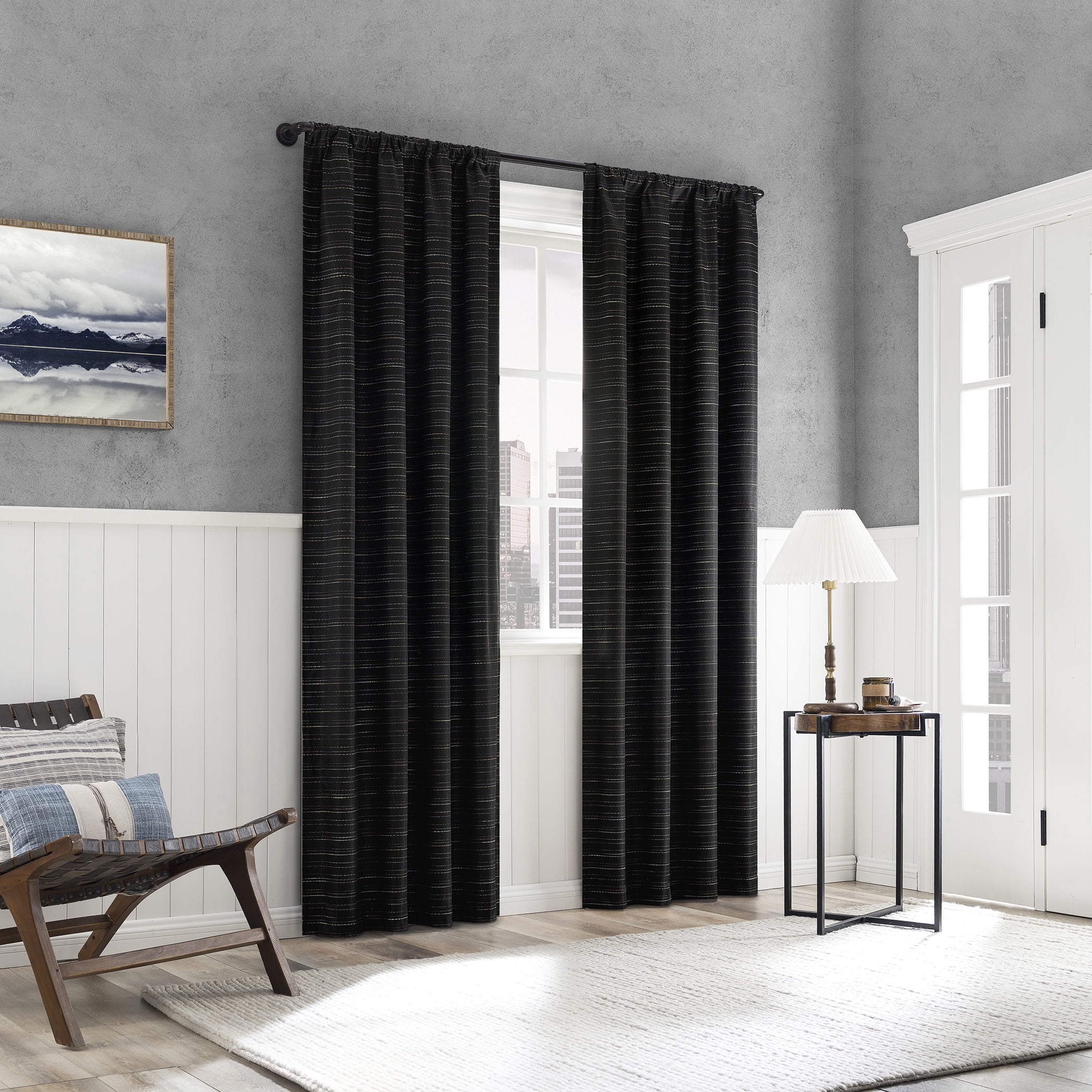 Sun Zero Sylvan Slub Stripe Thermal Blackout Rod Pocket Curtain Panel, 40"x63", Black