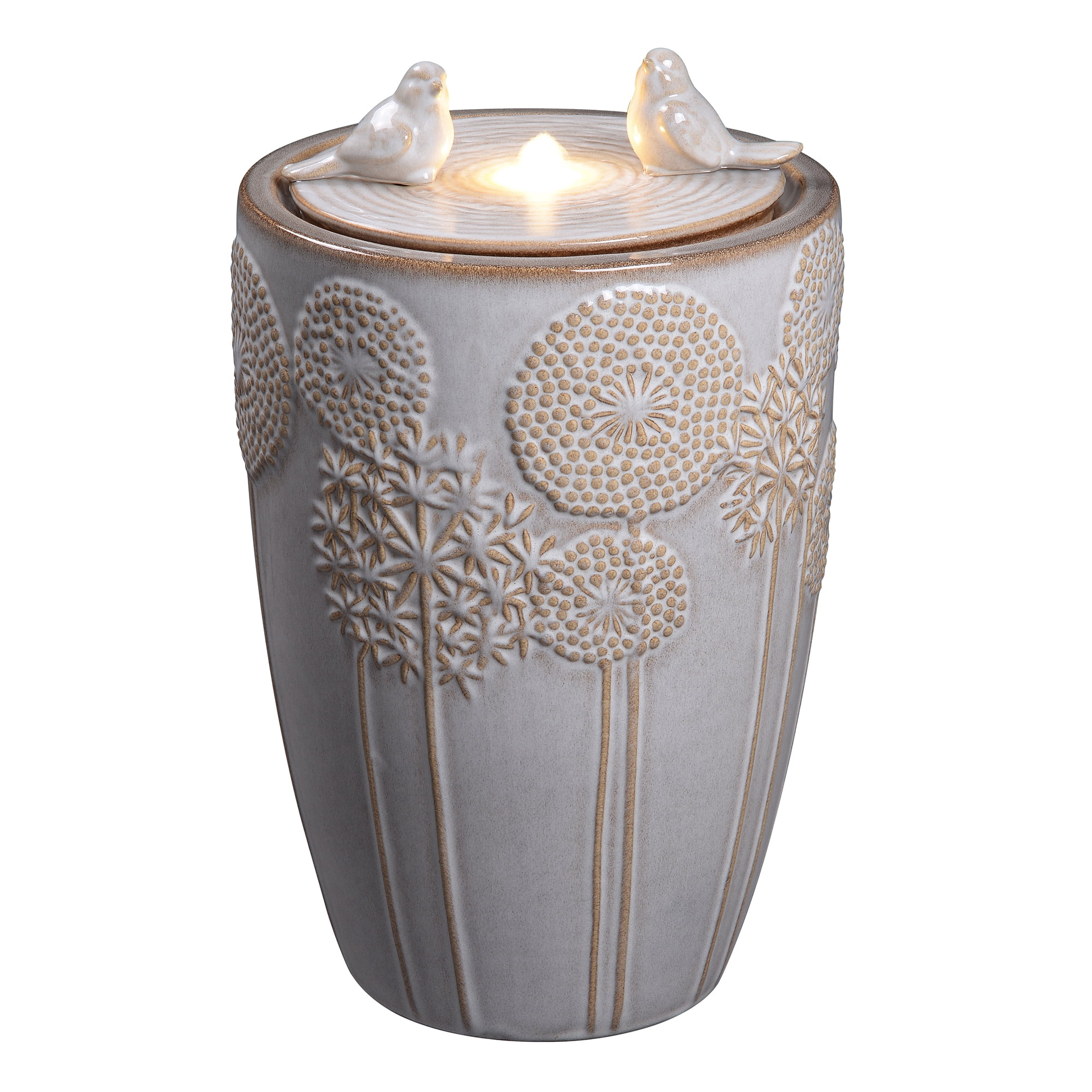 Ivory Ceramic Bird & Dandelion Fountain, Decorative Water Fountain with LED Lights and Quiet Pump, Indoor Outdoor Water Feature for Patio, Garden, Deck, Balcony, Office and Home Décor