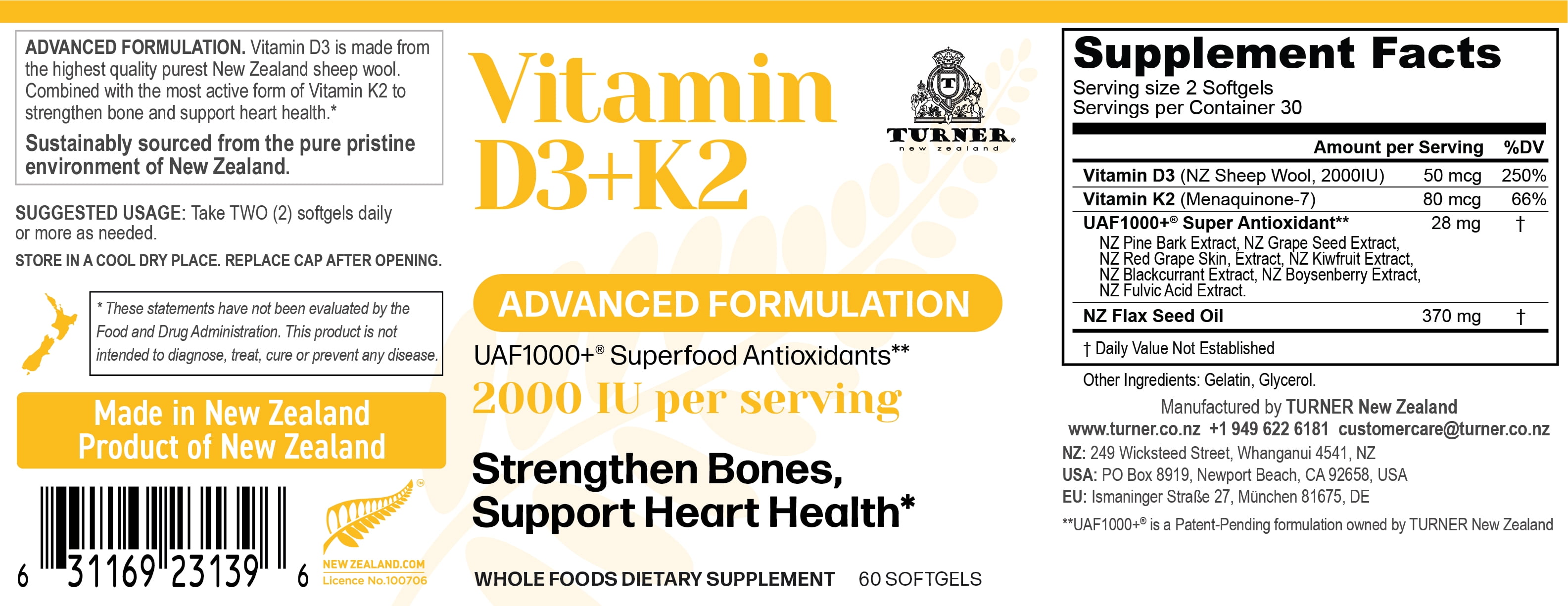 TURNER Grass-Fed Vitamin D3 and K2 Antioxidants Supplement, 5 Bottles, 300 Capsules