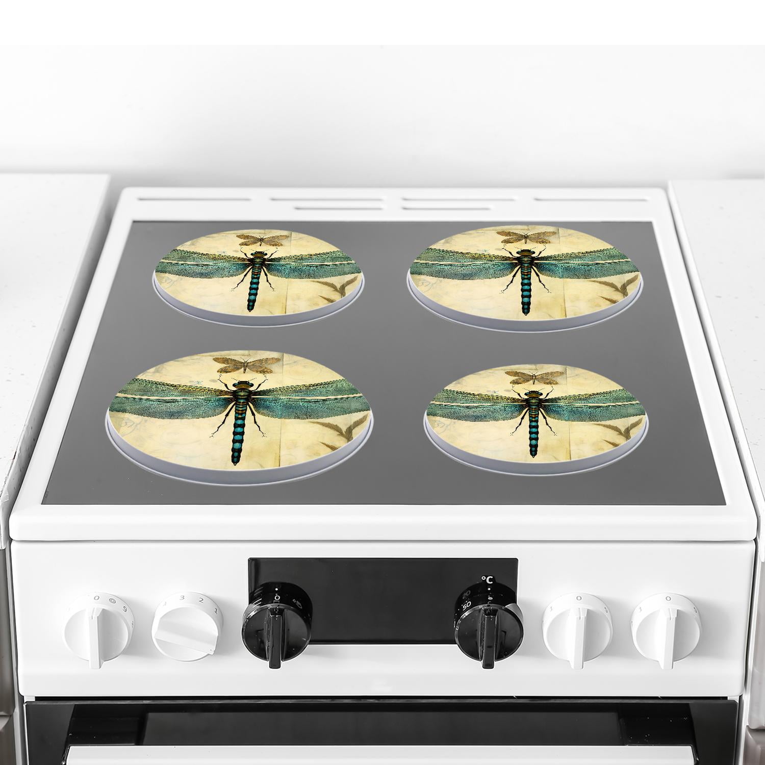 Round Stove Burner Covers 4 Pcs Metal Electric Stove Burner Covers 8Inch And 10Inch ,Dragonfly Vintage Stylish Retro image
