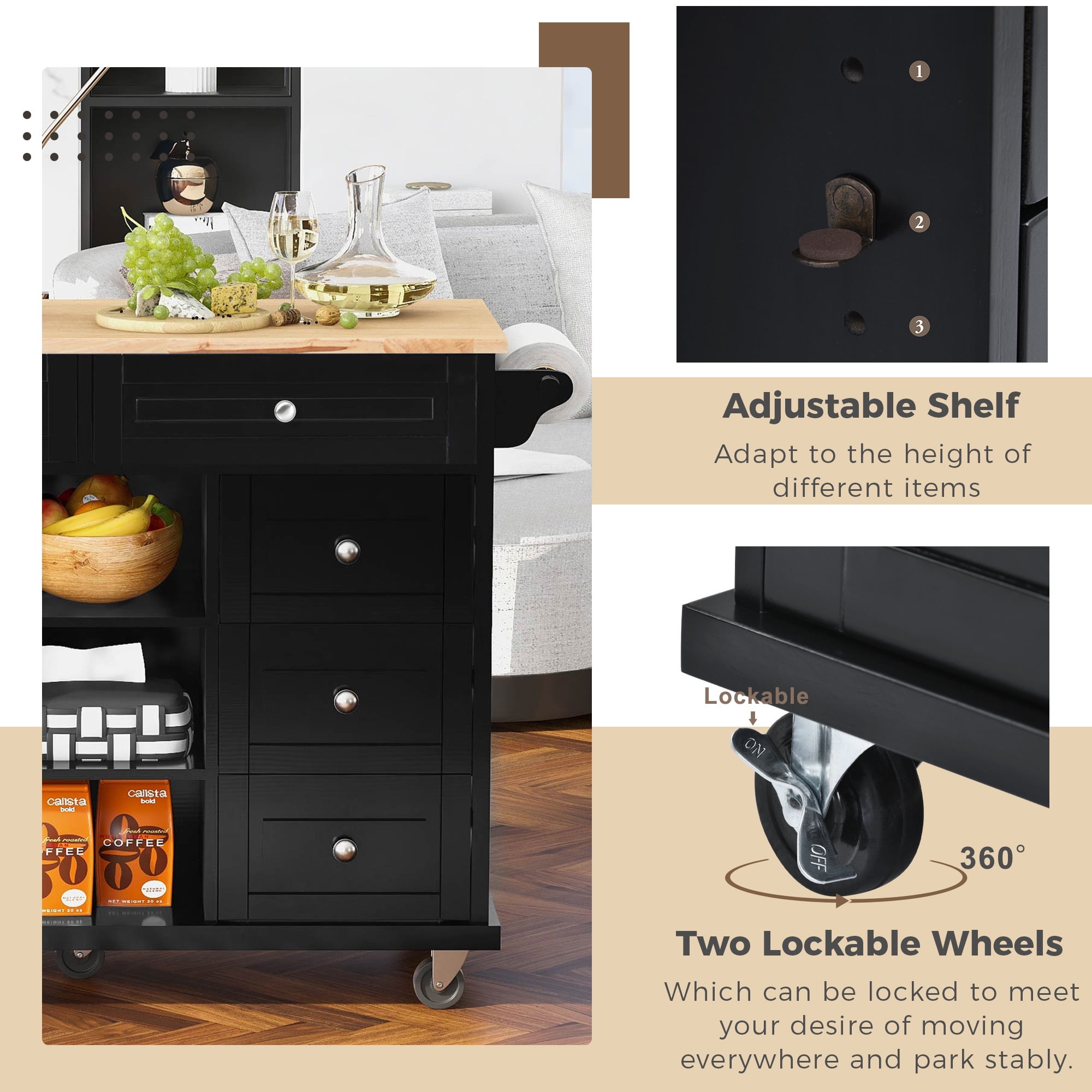 DEALTOPS 53 Inch Kitchen island with Rubber wood desktop rolling mobile kitchen cart with storage and 5 drawers-Black