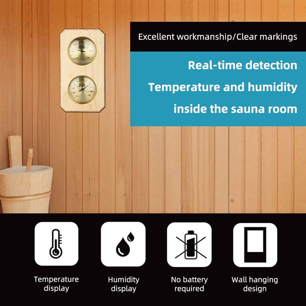 Pine Wood Sauna Thermometer Hygrometer 2 in 1 Wall Mounted Temperature Humidity Meter With Metal Construction For Steam Room Indoor 0-120℃ Measurement Range