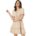 thumbnail image 1 of Mini vestido sólido de manga corta con cuello en V y cintura elástica para mujer Beige S, 1 of 5