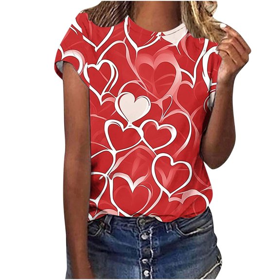 mihongmao Plus Size Valentine Shirts for Women Valentine's Day Printed Casual Printed Round Neck Multicolor XL