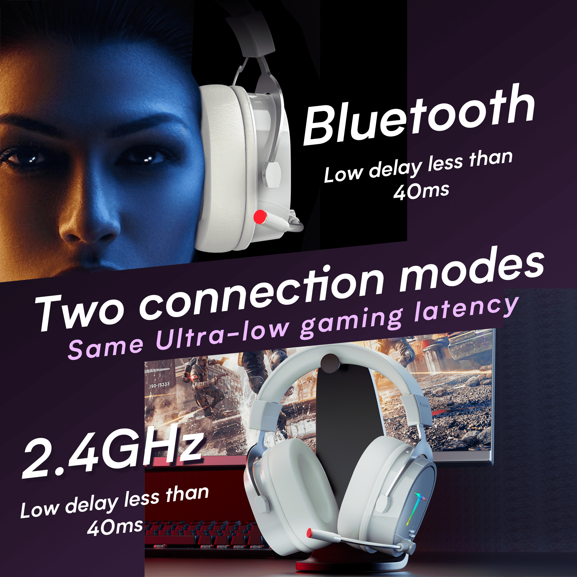 UHM Gaming Headset Wireless for PS5/PS4/PC/ Nintendo Switch,Over Ear 2.4G/Bluetooth Gaming Headphones with Noise-Canceling Microphone, 7.1 Surround Sound, 3.5mm Wired Mode for Xbox Series,White
