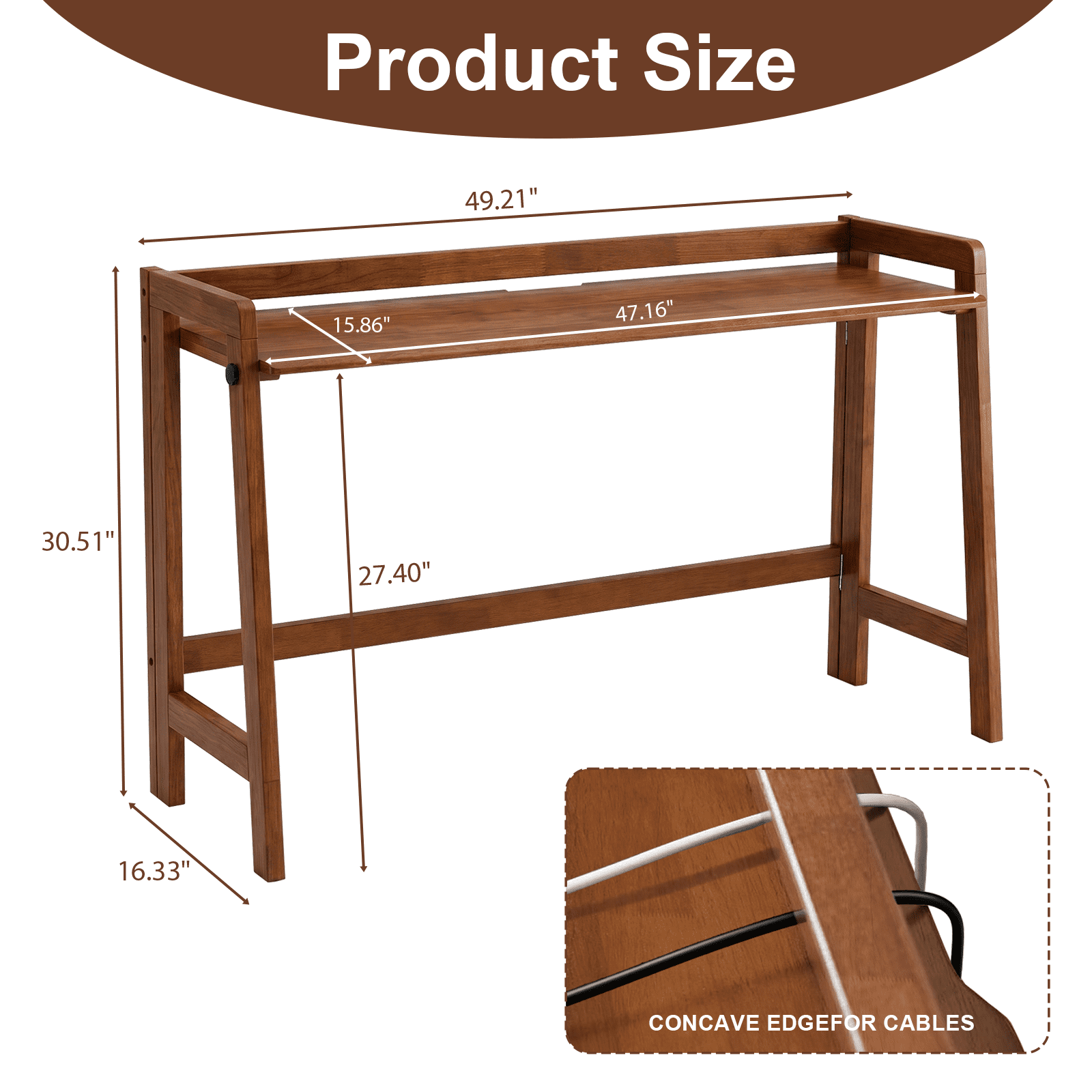 49-Inch Folding Solid Wood Desk with Cable Grooves, Mid-Century Modern Foldable Computer Desk and Writing Table for Home Office, Walnut