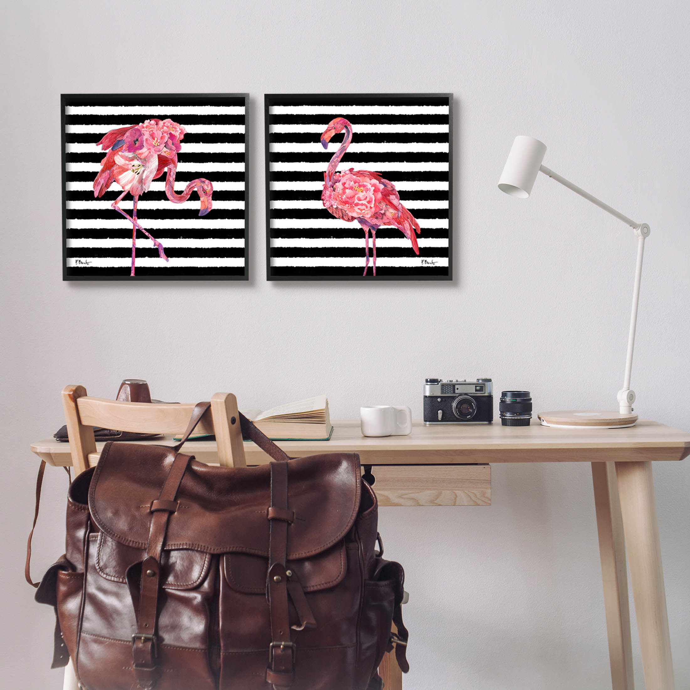 Bold Striped Flamingo Blossoms Animals & Insects Graphic Art Black Framed Art Print Wall Art, Set of 2