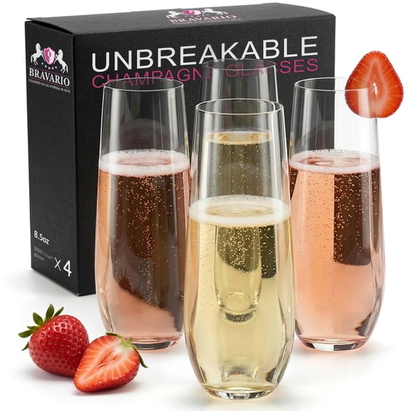 Bravario Unbreakable Plastic Champagne Glasses, 8.5 oz BPA-free Stemless Flutes, Set of 4