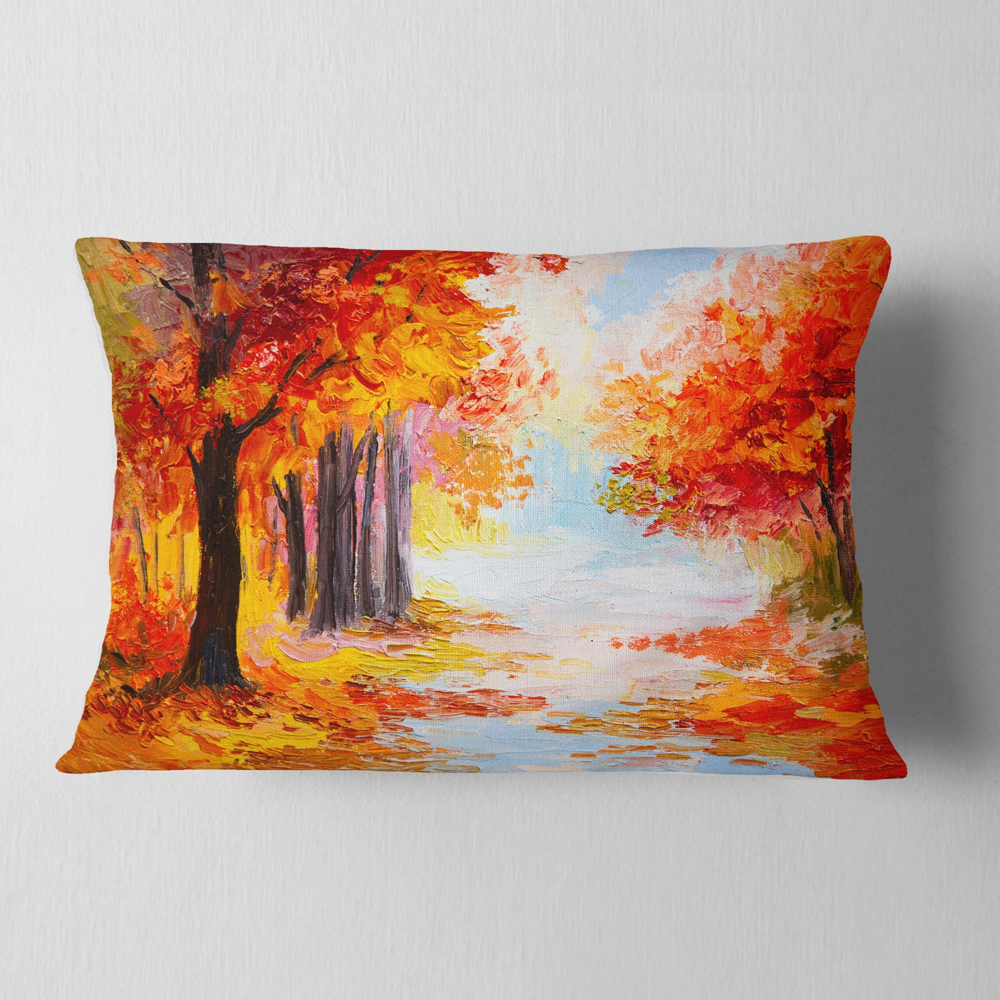 Designart Orange Forest in Autumn - Landscape Printed Throw Pillow - 12x20