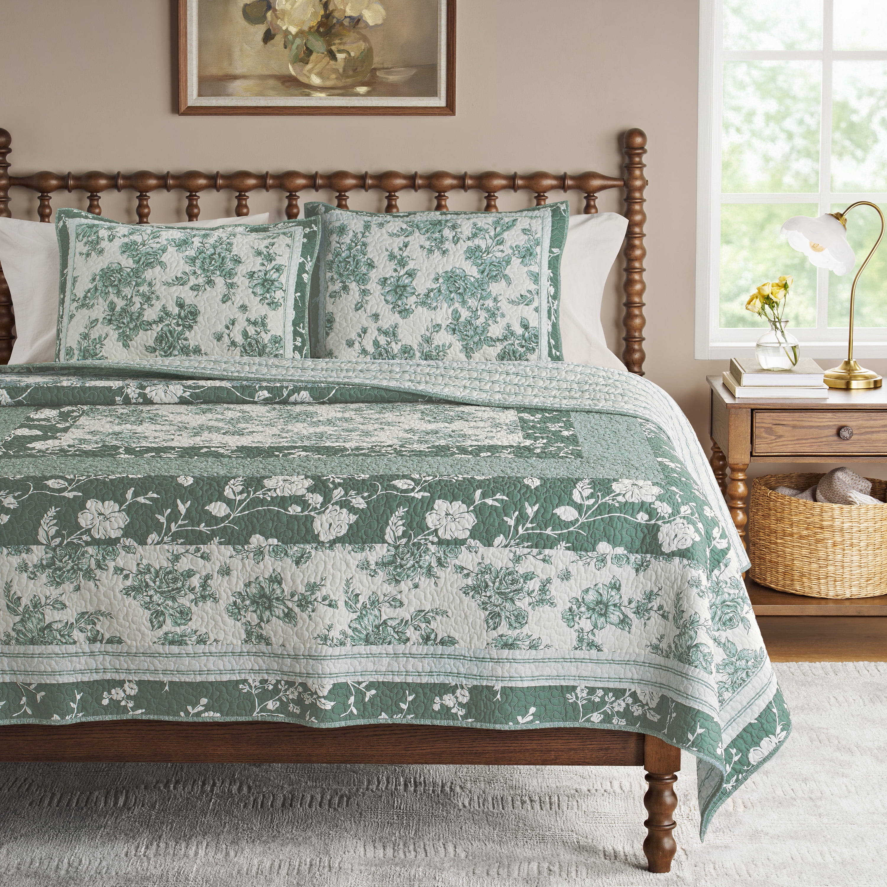 The Pioneer Woman Avery Cotton Patchwork Pillow Shams, Standard, Green River, 2 Pack